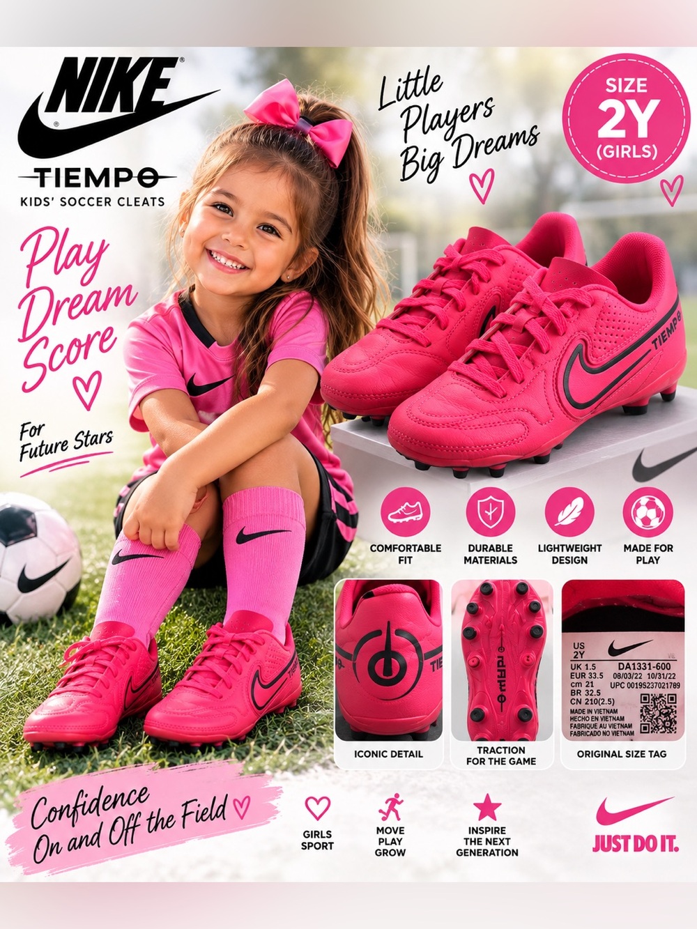 Nike Tiempo Soccer Cleats Kids 2Y Pink Black DA1331-600 Girls Youth